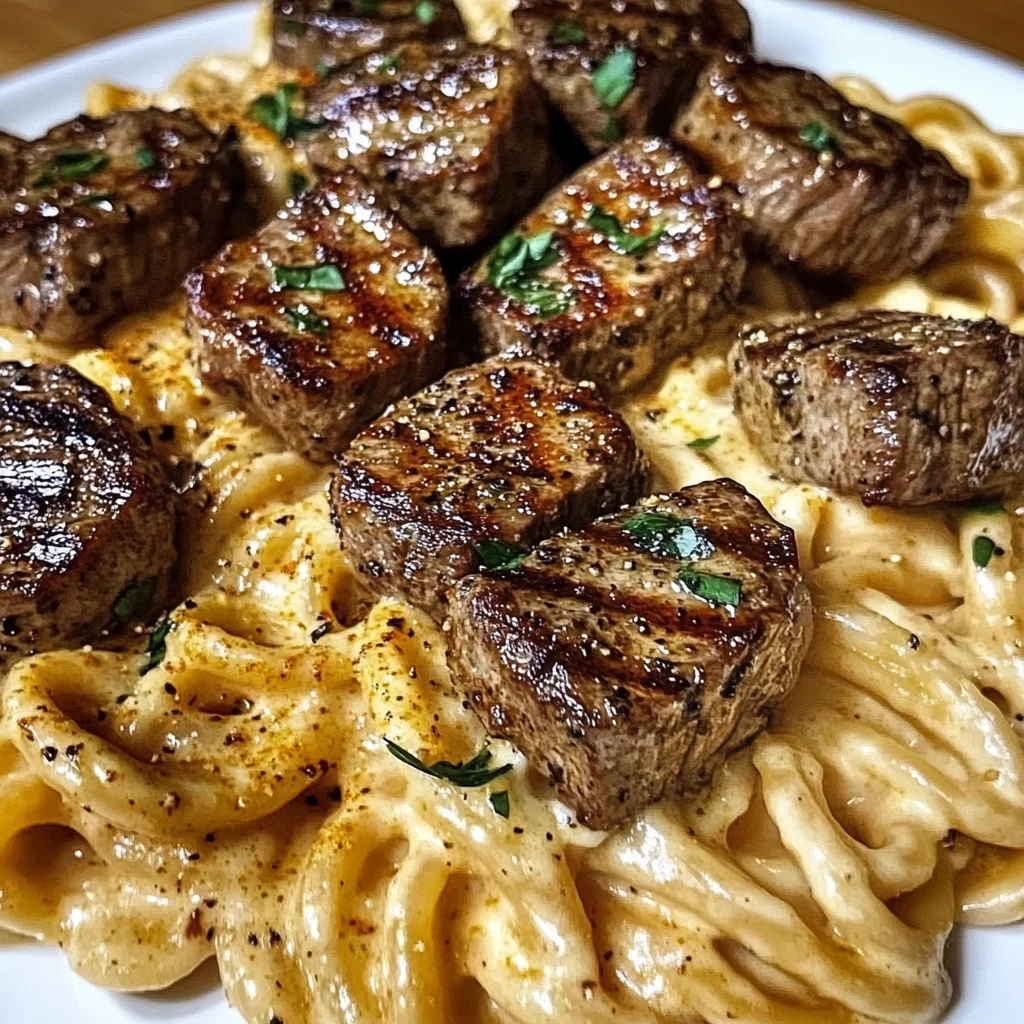 Creamy Garlic Butter Steak Bites with Spicy Cajun Alfredo Twisted Pasta