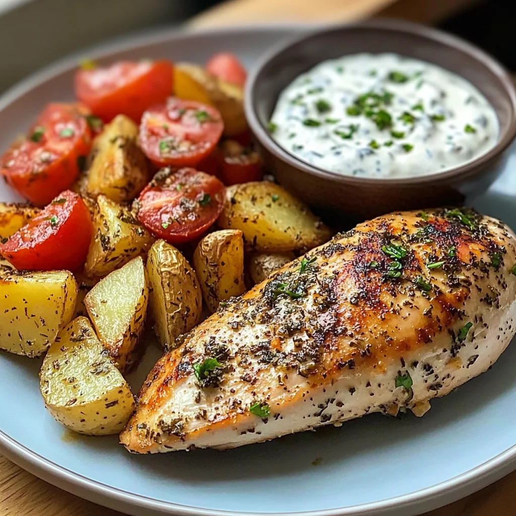 Herb Chicken with Roasted Potatoes, Tomato Salad & Yogurt Dip