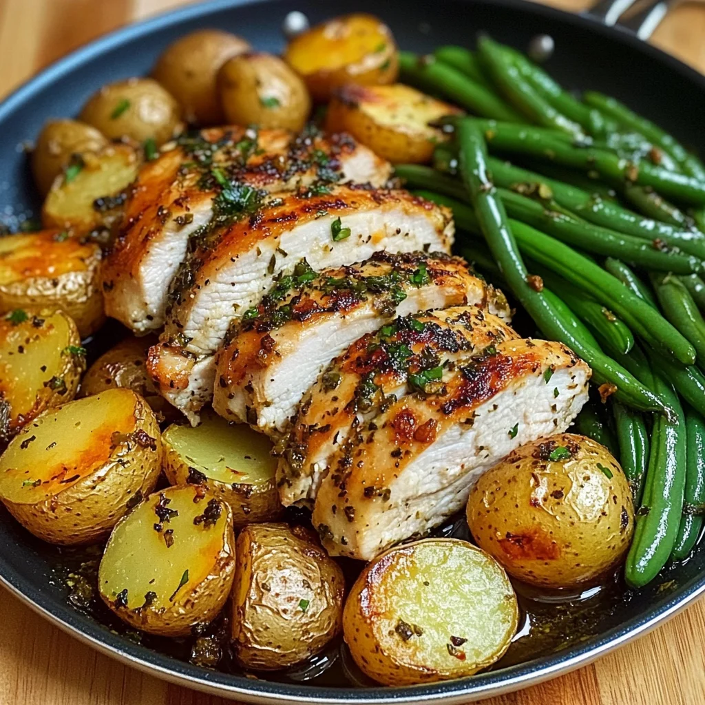 One-Pan Garlic Herb Chicken with Crispy Potatoes & Green Beans